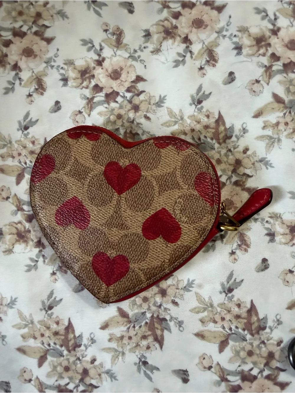 Coach Heart-Shaped Signature Wristlet in Red and Tan